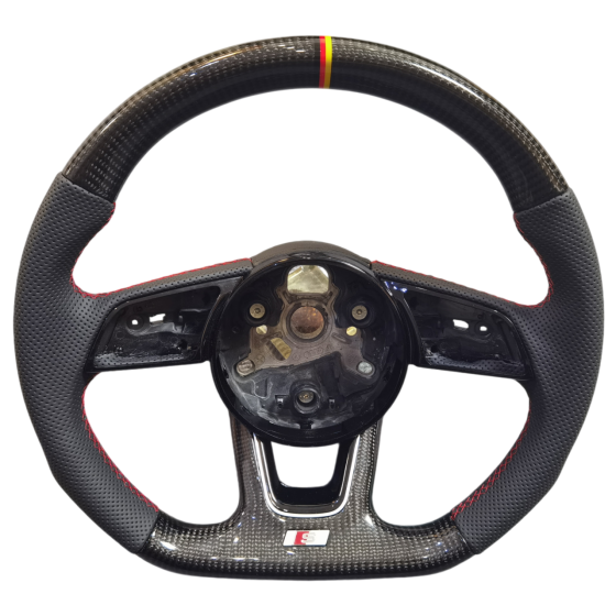 Audi B9 S-line carbon fiber steering wheel with red stitching and German flag center mark